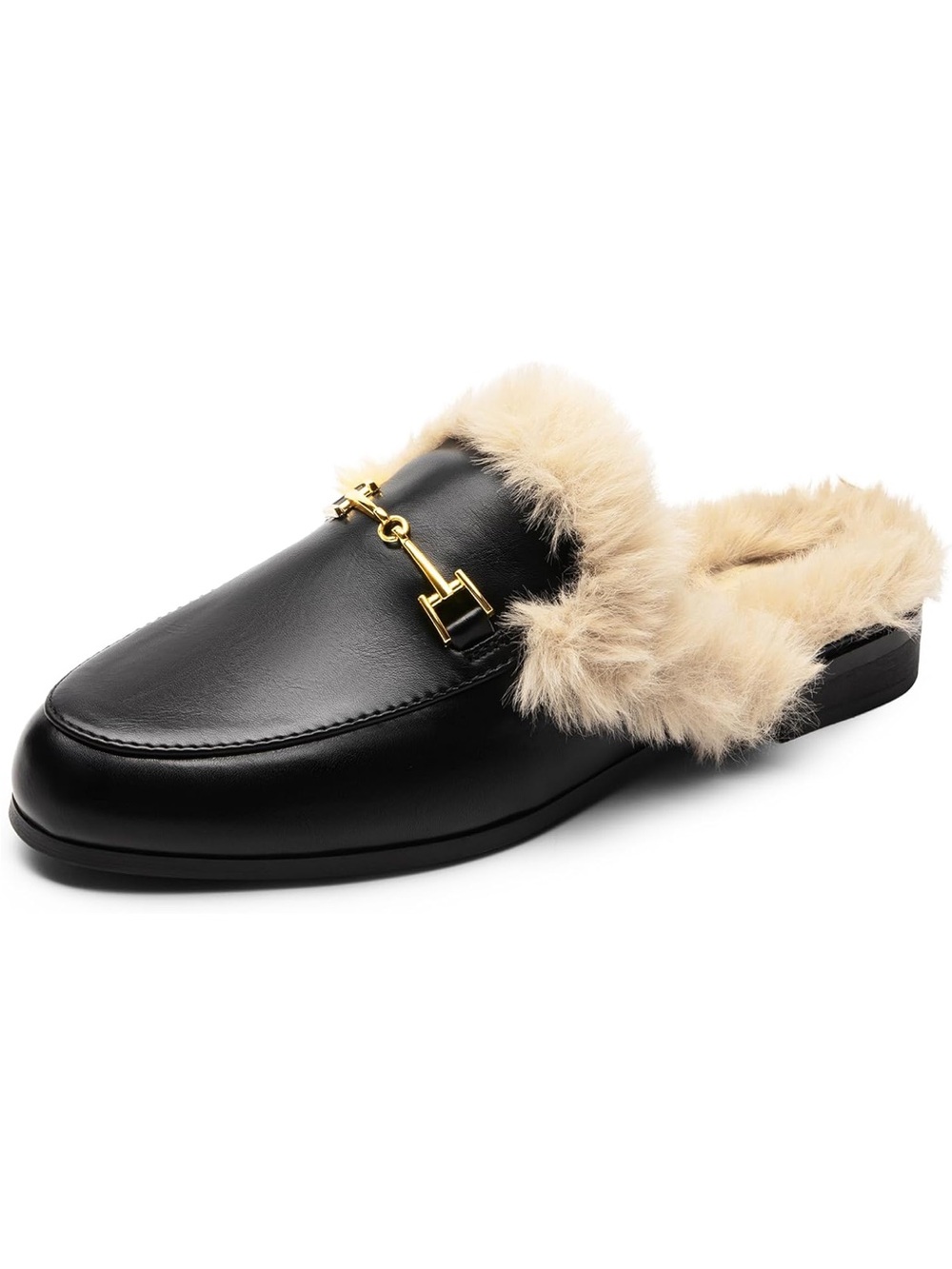 Black Faux Fur-Trim Mule with Gold Bit